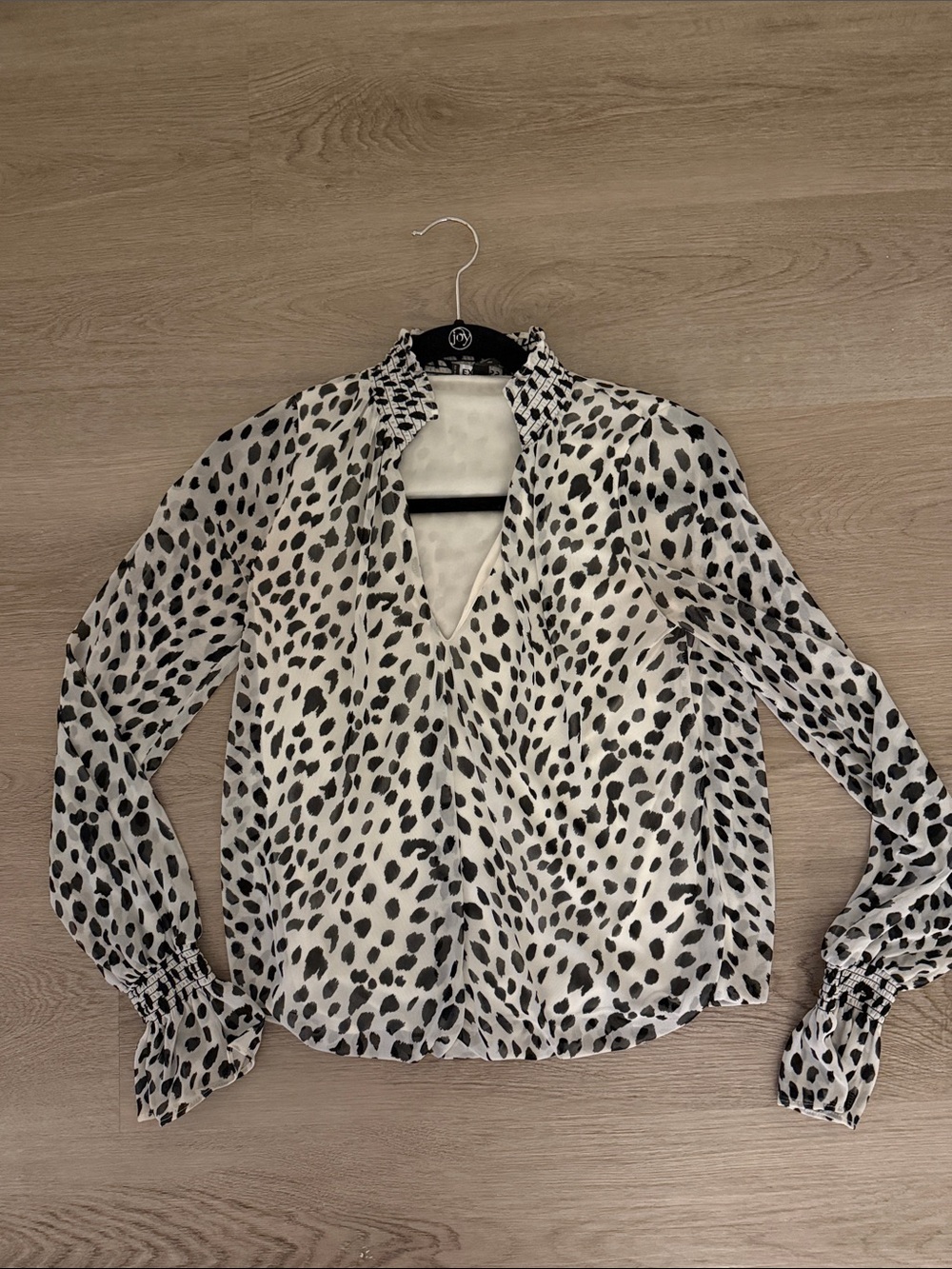 Express Black and White Leopard-Print V-Neck Ruffle Blouse